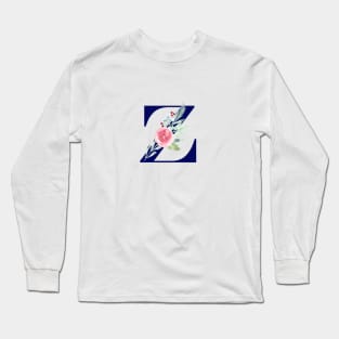 Watercolor Floral Letter Z in Navy Long Sleeve T-Shirt